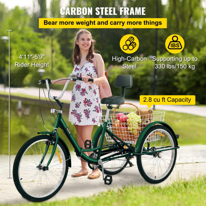 VEVOR Tricycle Adult 24'' Wheels Adult Tricycle 7-Speed 3 Wheel Bikes For Adults Three Wheel Bike For Adults Adult Trike Adult Folding Tricycle Foldable Adult Tricycle 3 Wheel Bike Trike For Adults - Image 3