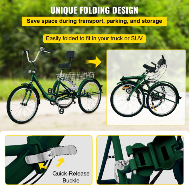 VEVOR Tricycle Adult 24'' Wheels Adult Tricycle 7-Speed 3 Wheel Bikes For Adults Three Wheel Bike For Adults Adult Trike Adult Folding Tricycle Foldable Adult Tricycle 3 Wheel Bike Trike For Adults - Image 4