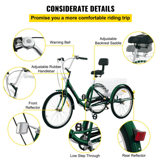 VEVOR Tricycle Adult 24'' Wheels Adult Tricycle 7-Speed 3 Wheel Bikes For Adults Three Wheel Bike For Adults Adult Trike Adult Folding Tricycle Foldable Adult Tricycle 3 Wheel Bike Trike For Adults - Image 6