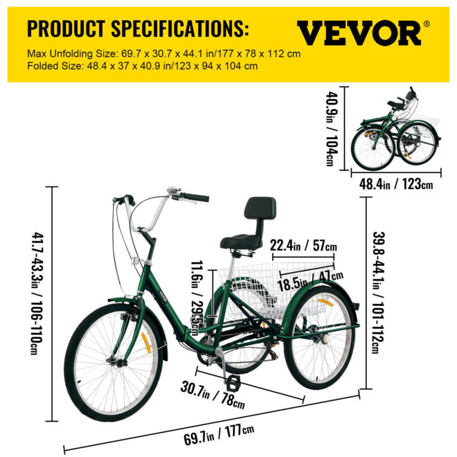 VEVOR Tricycle Adult 24'' Wheels Adult Tricycle 7-Speed 3 Wheel Bikes For Adults Three Wheel Bike For Adults Adult Trike Adult Folding Tricycle Foldable Adult Tricycle 3 Wheel Bike Trike For Adults - Image 7