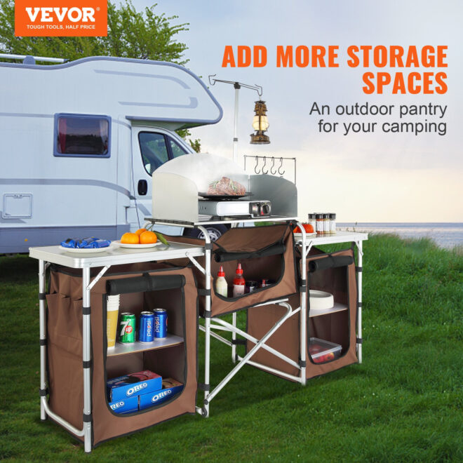 VEVOR Camping Kitchen Table, Folding Outdoor Cooking Table with Storage Carrying Bag, Aluminum Cook Station 3 Cupboard & Detachable Windscreen, Quick Set-up for Picnics, BBQ, RV Traveling, Brown - Image 2