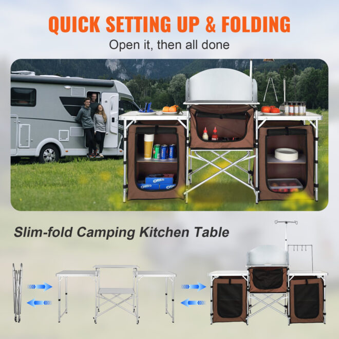 VEVOR Camping Kitchen Table, Folding Outdoor Cooking Table with Storage Carrying Bag, Aluminum Cook Station 3 Cupboard & Detachable Windscreen, Quick Set-up for Picnics, BBQ, RV Traveling, Brown - Image 3