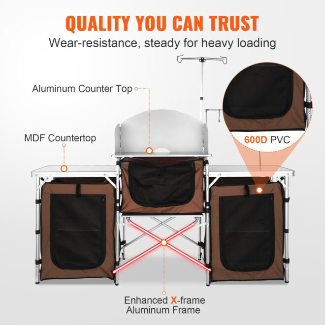 VEVOR Camping Kitchen Table, Folding Outdoor Cooking Table with Storage Carrying Bag, Aluminum Cook Station 3 Cupboard & Detachable Windscreen, Quick Set-up for Picnics, BBQ, RV Traveling, Brown - Image 4