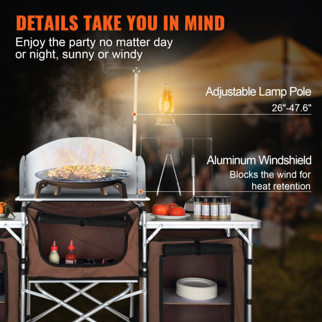 VEVOR Camping Kitchen Table, Folding Outdoor Cooking Table with Storage Carrying Bag, Aluminum Cook Station 3 Cupboard & Detachable Windscreen, Quick Set-up for Picnics, BBQ, RV Traveling, Brown - Image 5