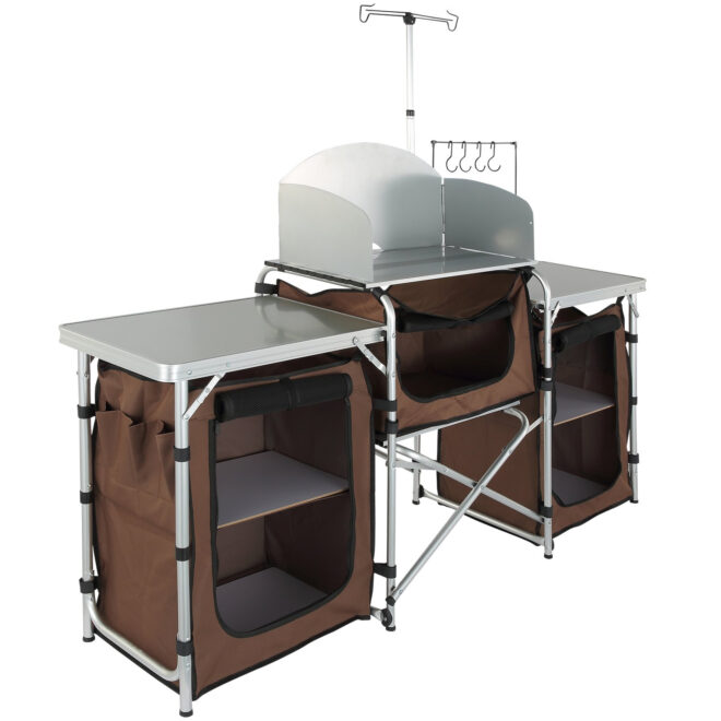 VEVOR Camping Kitchen Table, Folding Outdoor Cooking Table with Storage Carrying Bag, Aluminum Cook Station 3 Cupboard & Detachable Windscreen, Quick Set-up for Picnics, BBQ, RV Traveling, Brown - Image 7