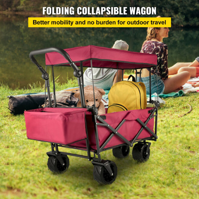 VEVOR Extra Large Collapsible Garden Cart with Removable Canopy, Folding Wagon Utility Carts with Wheels and Rear Storage, Wagon Cart for Garden, Camping, Grocery Cart, Shopping Cart, Red - Image 2