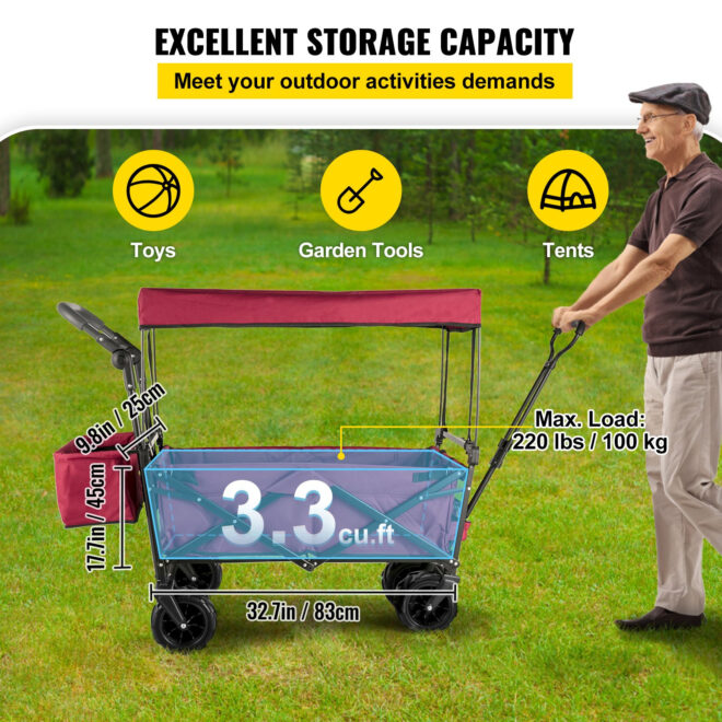 VEVOR Extra Large Collapsible Garden Cart with Removable Canopy, Folding Wagon Utility Carts with Wheels and Rear Storage, Wagon Cart for Garden, Camping, Grocery Cart, Shopping Cart, Red - Image 3