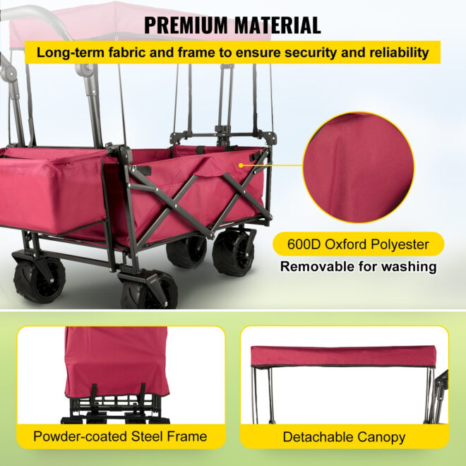 VEVOR Extra Large Collapsible Garden Cart with Removable Canopy, Folding Wagon Utility Carts with Wheels and Rear Storage, Wagon Cart for Garden, Camping, Grocery Cart, Shopping Cart, Red - Image 4