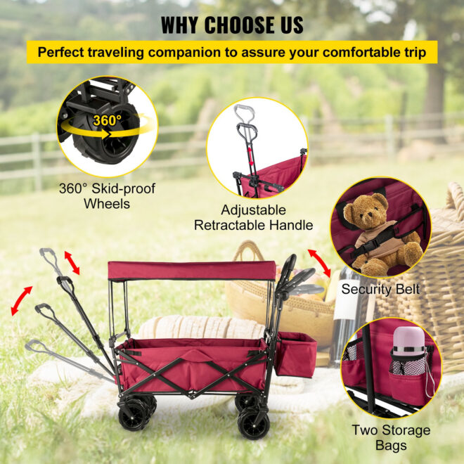VEVOR Extra Large Collapsible Garden Cart with Removable Canopy, Folding Wagon Utility Carts with Wheels and Rear Storage, Wagon Cart for Garden, Camping, Grocery Cart, Shopping Cart, Red - Image 6