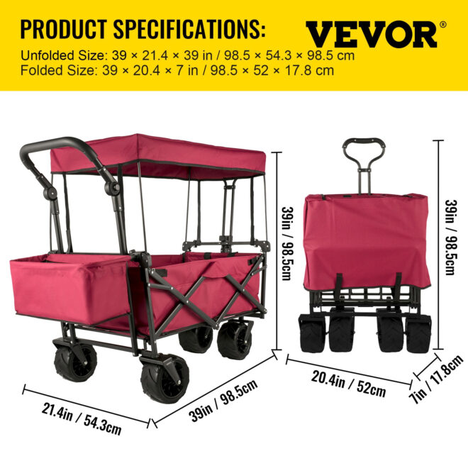 VEVOR Extra Large Collapsible Garden Cart with Removable Canopy, Folding Wagon Utility Carts with Wheels and Rear Storage, Wagon Cart for Garden, Camping, Grocery Cart, Shopping Cart, Red - Image 7