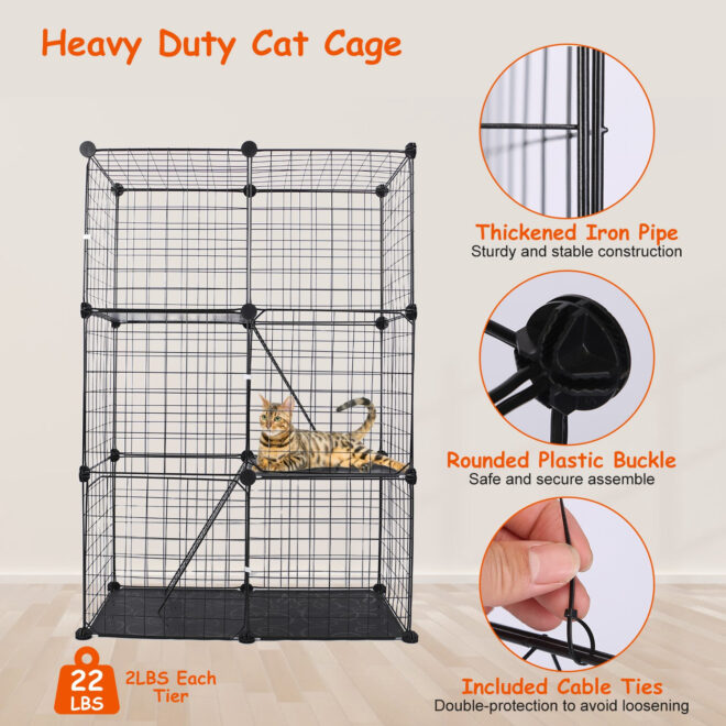 3 Tier Cat Playpen Cage Metal Indoor Cat House Detachable Kitten House with 3 Doors 2 Ladders Large Cat Exercise Place for 1-2 Cats Black - Image 4