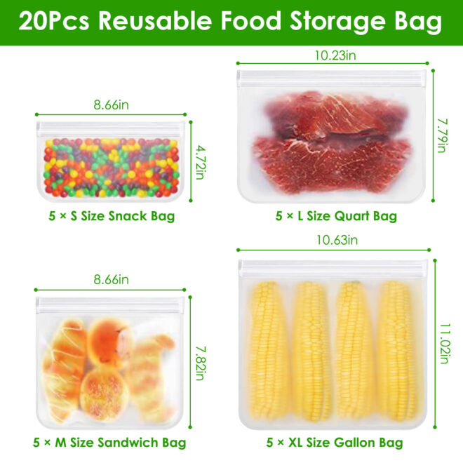 20Pcs Reusable Food Storage Bags 5 Sandwich Snack Gallon Quart Bag Leakproof BPA Free Food Container Freezer Safe Lunch Bag - Image 6