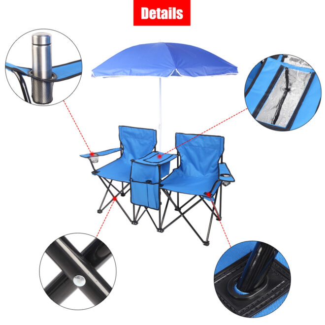 Double Folding Picnic Chairs w/Umbrella Mini Table Beverage Holder Carrying Bag for Beach Patio Pool Park Outdoor Portable Camping Chair (Blue) - Image 13