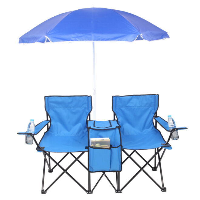 Double Folding Picnic Chairs w/Umbrella Mini Table Beverage Holder Carrying Bag for Beach Patio Pool Park Outdoor Portable Camping Chair (Blue) - Image 3
