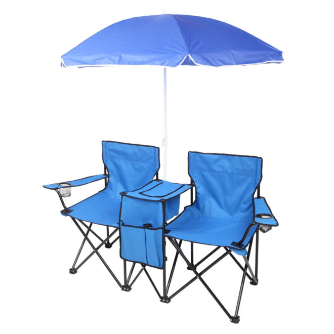 Double Folding Picnic Chairs w/Umbrella Mini Table Beverage Holder Carrying Bag for Beach Patio Pool Park Outdoor Portable Camping Chair (Blue) - Image 4