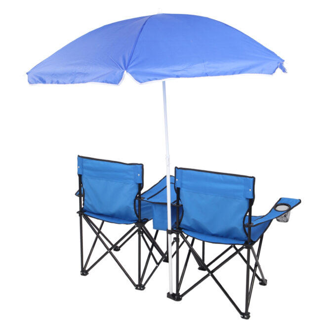 Double Folding Picnic Chairs w/Umbrella Mini Table Beverage Holder Carrying Bag for Beach Patio Pool Park Outdoor Portable Camping Chair (Blue) - Image 5