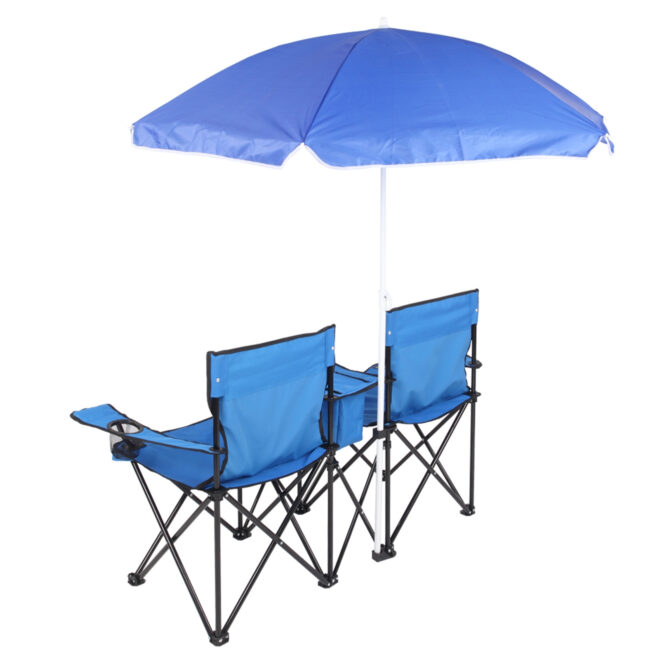Double Folding Picnic Chairs w/Umbrella Mini Table Beverage Holder Carrying Bag for Beach Patio Pool Park Outdoor Portable Camping Chair (Blue) - Image 6