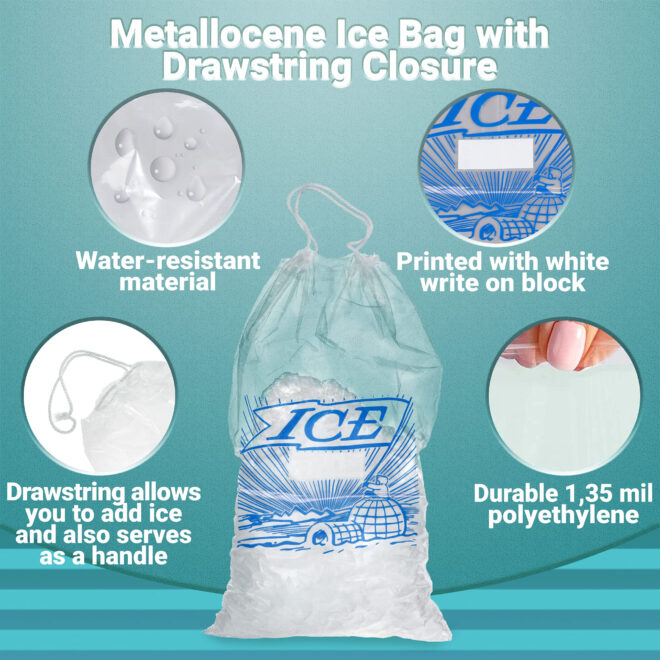 Pack of 500 Printed Metallocene Ice Bags 10 lb, 12 x 19. Polyethylene Bags with Drawstring Closure 12x19. Thickness 1.35 Mil Thick. Ideal for Industrial, Food Service, Health Applications - Image 5