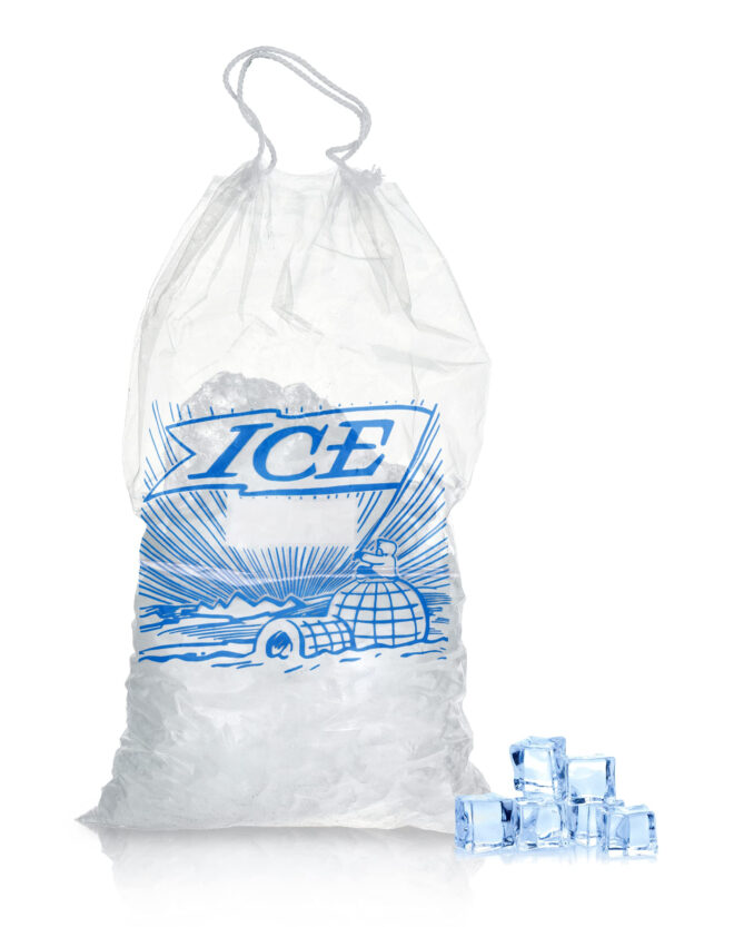 Pack of 500 Printed Metallocene Ice Bags 10 lb, 12 x 19. Polyethylene Bags with Drawstring Closure 12x19. Thickness 1.35 Mil Thick. Ideal for Industrial, Food Service, Health Applications