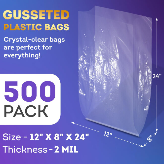 Clear Gusseted Poly Bags, 12 x 8 x 24 Inches. Pack of 500 Waterproof Flat Bottom Gusseted Plastic Bags with Open Top. 2 Mil Thick Party Clear Plastic Bags for Packaging Popcorn, Cookies, Bread - Image 2