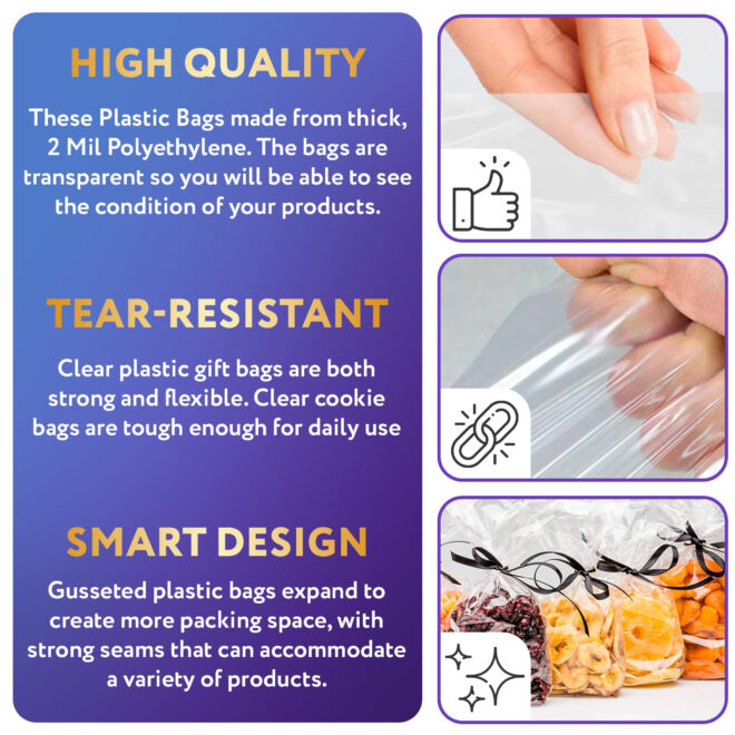 Clear Gusseted Poly Bags, 12 x 8 x 24 Inches. Pack of 500 Waterproof Flat Bottom Gusseted Plastic Bags with Open Top. 2 Mil Thick Party Clear Plastic Bags for Packaging Popcorn, Cookies, Bread - Image 3