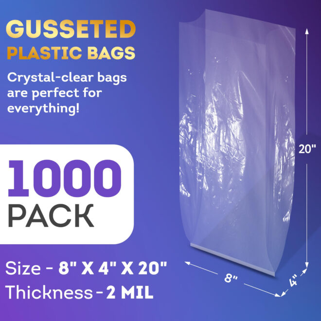 Clear Gusseted Poly Bags, 8 x 4 x 20 Inches. Pack of 1000 Waterproof Flat Bottom Gusseted Plastic Bags with Open Top. 2 Mil Thick Party Clear Plastic Bags for Packaging Popcorn, Cookies, Bread - Image 2