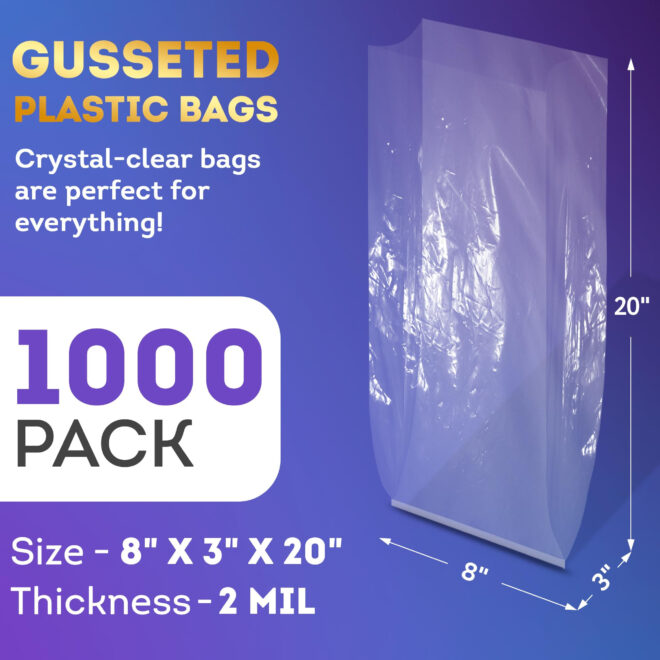 Clear Gusseted Poly Bags, 8 x 3 x 20 Inches. Pack of 1000 Waterproof Flat Bottom Gusseted Plastic Bags with Open Top. 2 Mil Thick Party Clear Plastic Bags for Packaging Popcorn, Cookies, Bread - Image 2