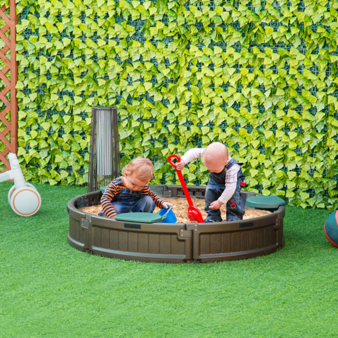 Outsunny Kids Outdoor Sandbox with Cover Garden Bed, Easy Assembly Children's Round Sandbox for Backyard, Brown, 48.5" x 48.5" x 8.75" - Image 2