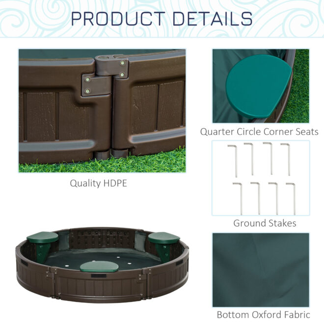 Outsunny Kids Outdoor Sandbox with Cover Garden Bed, Easy Assembly Children's Round Sandbox for Backyard, Brown, 48.5" x 48.5" x 8.75" - Image 6