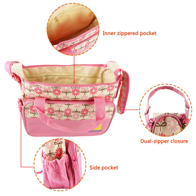 5PCS Baby Nappy Diaper Bags Set Mummy Diaper Shoulder Bags w/ Nappy Changing Pad Insulated Pockets Travel Tote Bags - Image 5