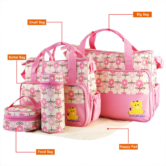 5PCS Baby Nappy Diaper Bags Set Mummy Diaper Shoulder Bags w/ Nappy Changing Pad Insulated Pockets Travel Tote Bags - Image 7