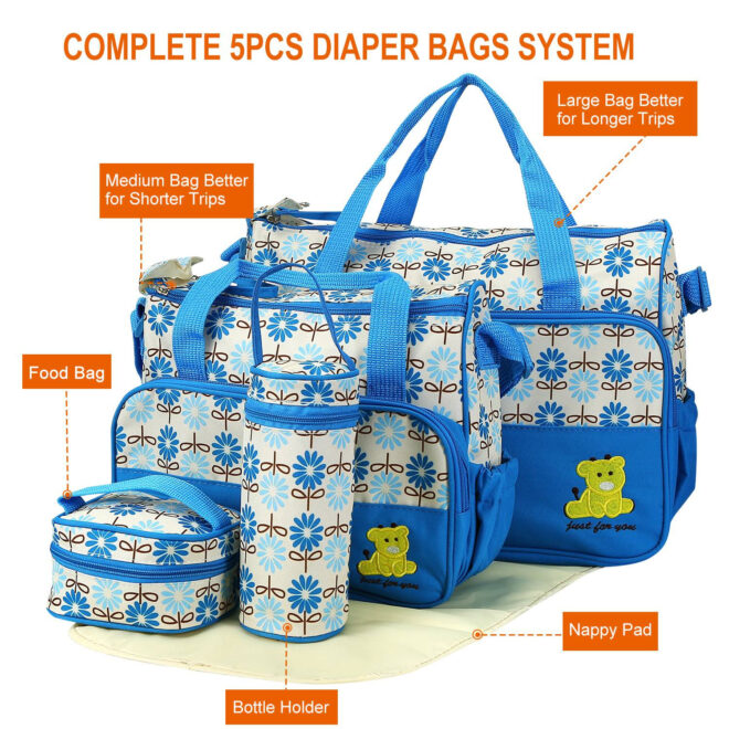 5PCS Baby Nappy Diaper Bags Set Mummy Diaper Shoulder Bags w/ Nappy Changing Pad Insulated Pockets Travel Tote Bags - Image 23