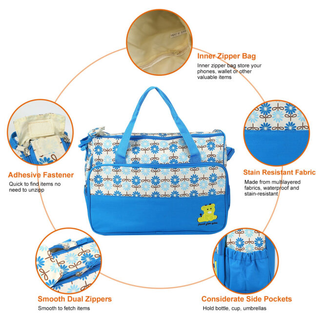 5PCS Baby Nappy Diaper Bags Set Mummy Diaper Shoulder Bags w/ Nappy Changing Pad Insulated Pockets Travel Tote Bags - Image 24