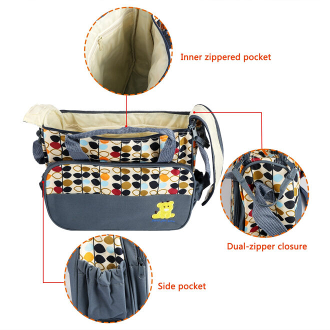 5PCS Baby Nappy Diaper Bags Set Mummy Diaper Shoulder Bags w/ Nappy Changing Pad Insulated Pockets Travel Tote Bags - Image 15