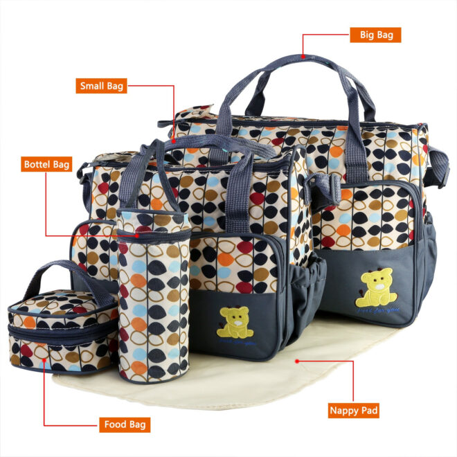 5PCS Baby Nappy Diaper Bags Set Mummy Diaper Shoulder Bags w/ Nappy Changing Pad Insulated Pockets Travel Tote Bags - Image 17
