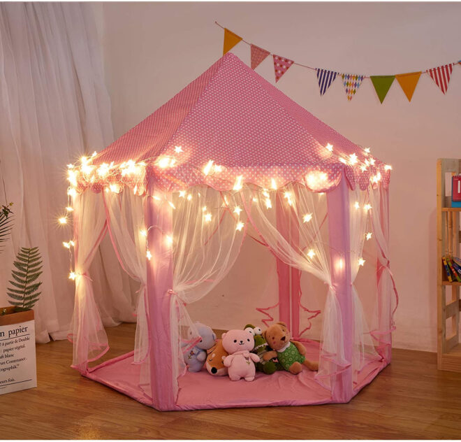 Outdoor Indoor Portable Folding Princess Castle Tent Kids Children Funny Play Fairy House Kids Play Tent(Warm LED Star Lights) - Image 14