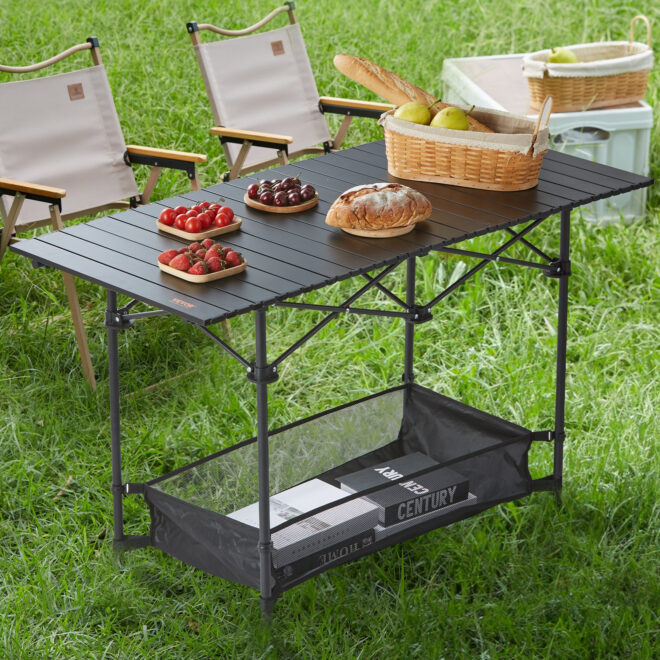 VEVOR Folding Camping Table, Outdoor Portable Side Tables, Lightweight Fold Up Table, Aluminum & Steel Ultra Compact Work Table with Large Storage and Carry Bag, For Beach, Picnic, Travel, 24x16 inch - Image 8