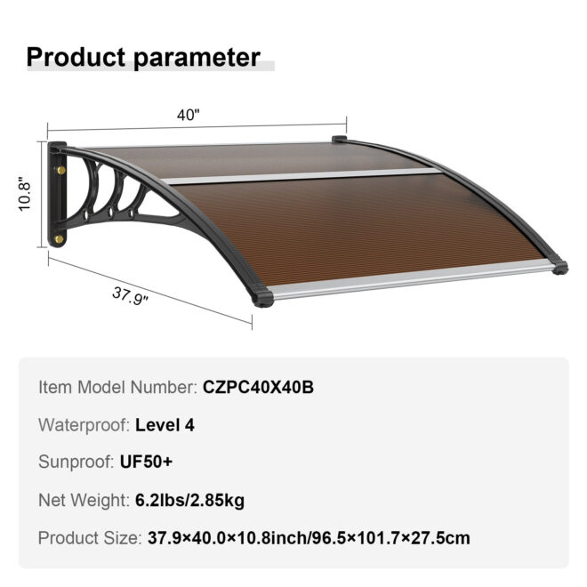 VEVOR Window Door Awning Canopy 40" x 40", UPF 50+ Polycarbonate Entry Door Outdoor Window Awning Exterior, Front Door Overhang Awning for Sun Shutter, UV, Rain, Snow Protection, Hollow Sheet - Image 7
