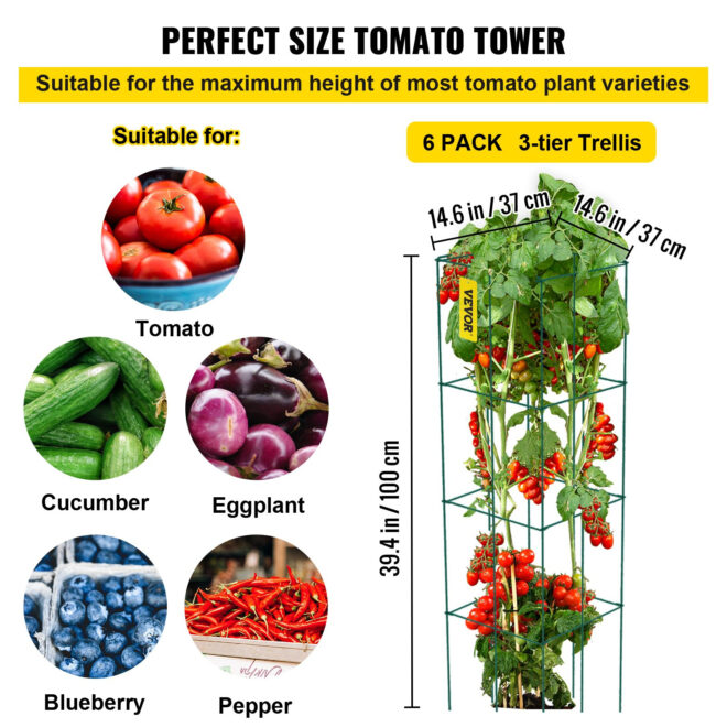 VEVOR Tomato Cages, 14.6" x 14.6" x 39.4", 6 Packs Square Plant Support Cages, Green PVC-Coated Steel Tomato Towers for Climbing Vegetables, Plants, Flowers, Fruits - Image 3