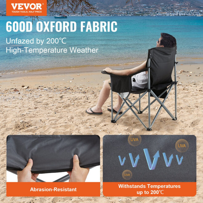 VEVOR Camping Folding Chair for Adults, Portable Heavy Duty Outdoor Quad Lumbar Back Padded Arm Chairs with Side Pockets, Cup Holder and Cooler Bag for Beach, Lawn, Picnic, Fishing, Backpacking, Black - Image 2