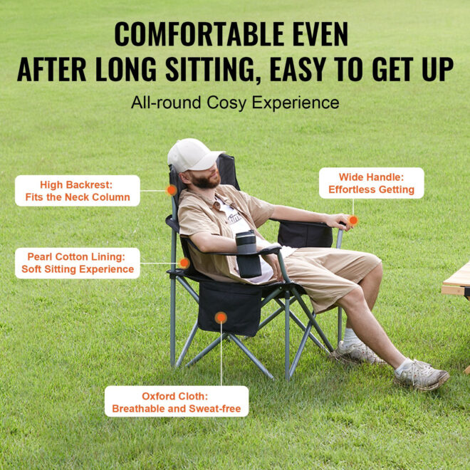 VEVOR Camping Folding Chair for Adults, Portable Heavy Duty Outdoor Quad Lumbar Back Padded Arm Chairs with Side Pockets, Cup Holder and Cooler Bag for Beach, Lawn, Picnic, Fishing, Backpacking, Black - Image 4