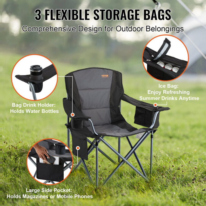 VEVOR Camping Folding Chair for Adults, Portable Heavy Duty Outdoor Quad Lumbar Back Padded Arm Chairs with Side Pockets, Cup Holder and Cooler Bag for Beach, Lawn, Picnic, Fishing, Backpacking, Black - Image 5