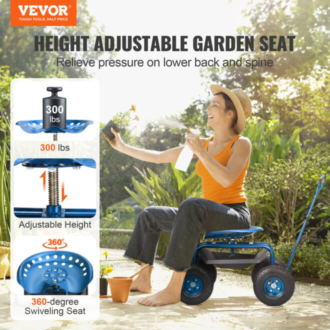 VEVOR Garden Cart Rolling Workseat with Wheels, Gardening Stool for Planting, 360 Degree Swivel Seat, Wagon Scooter with Steering Handle & Utility Tool Tray, Use for Patio, Yard, and Outdoors, Blue - Image 2