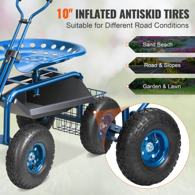 VEVOR Garden Cart Rolling Workseat with Wheels, Gardening Stool for Planting, 360 Degree Swivel Seat, Wagon Scooter with Steering Handle & Utility Tool Tray, Use for Patio, Yard, and Outdoors, Blue - Image 4