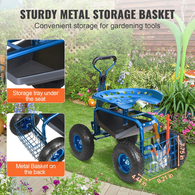 VEVOR Garden Cart Rolling Workseat with Wheels, Gardening Stool for Planting, 360 Degree Swivel Seat, Wagon Scooter with Steering Handle & Utility Tool Tray, Use for Patio, Yard, and Outdoors, Blue - Image 5