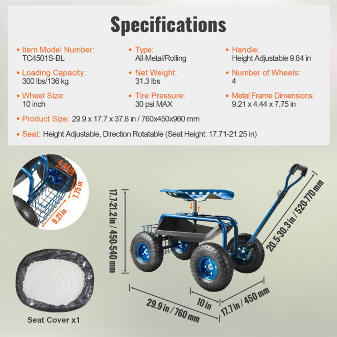 VEVOR Garden Cart Rolling Workseat with Wheels, Gardening Stool for Planting, 360 Degree Swivel Seat, Wagon Scooter with Steering Handle & Utility Tool Tray, Use for Patio, Yard, and Outdoors, Blue - Image 7