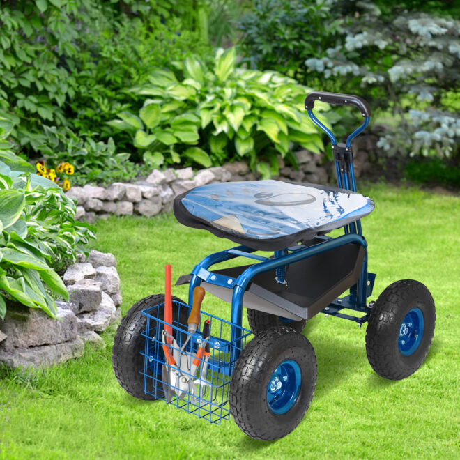 VEVOR Garden Cart Rolling Workseat with Wheels, Gardening Stool for Planting, 360 Degree Swivel Seat, Wagon Scooter with Steering Handle & Utility Tool Tray, Use for Patio, Yard, and Outdoors, Blue - Image 8