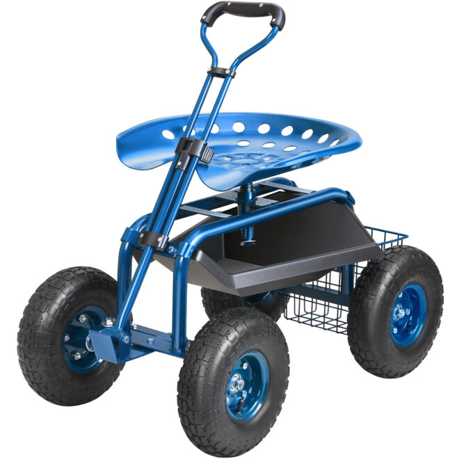VEVOR Garden Cart Rolling Workseat with Wheels, Gardening Stool for Planting, 360 Degree Swivel Seat, Wagon Scooter with Steering Handle & Utility Tool Tray, Use for Patio, Yard, and Outdoors, Blue - Image 9