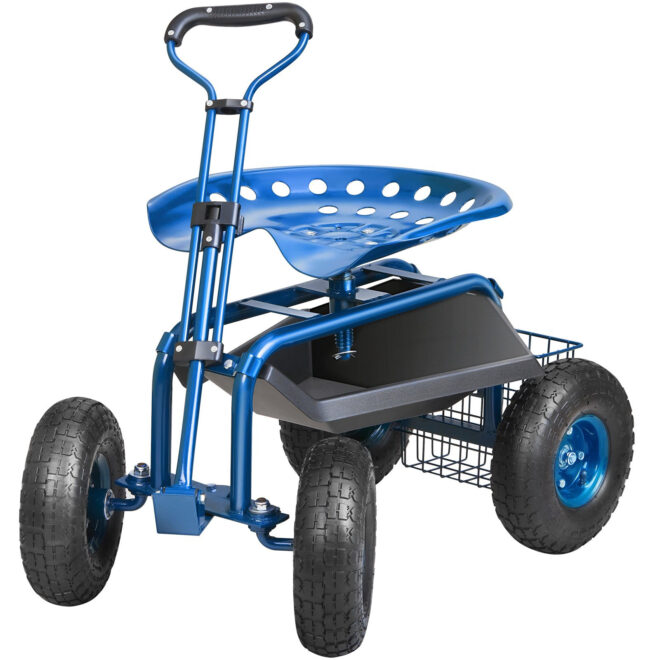 VEVOR Garden Cart Rolling Workseat with Wheels, Gardening Stool for Planting, 360 Degree Swivel Seat, Wagon Scooter with Steering Handle & Utility Tool Tray, Use for Patio, Yard, and Outdoors, Blue - Image 10