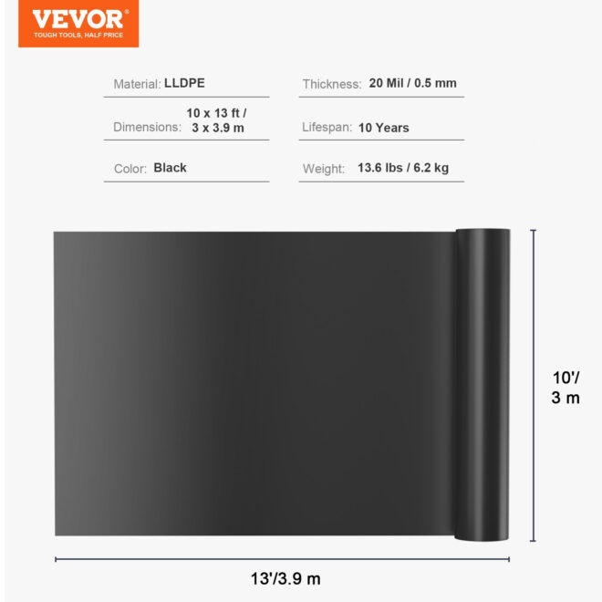 VEVOR Pond Liner, 10 x 13 ft 20 Mil Thickness, Pliable LLDPE Material Pond Skins, Easy Cutting Underlayment for Fish or Koi Ponds, Water Features, Waterfall Base , Fountains, Water Gardens, Black - Image 7